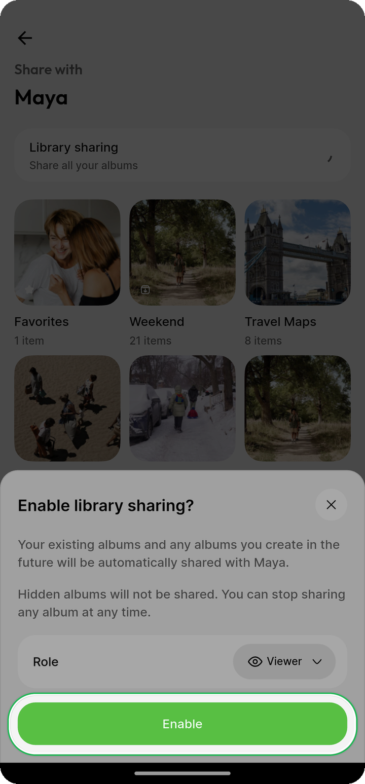 Enable button highlighted on Enable library sharing dialog for Maya on Ente Photos mobile