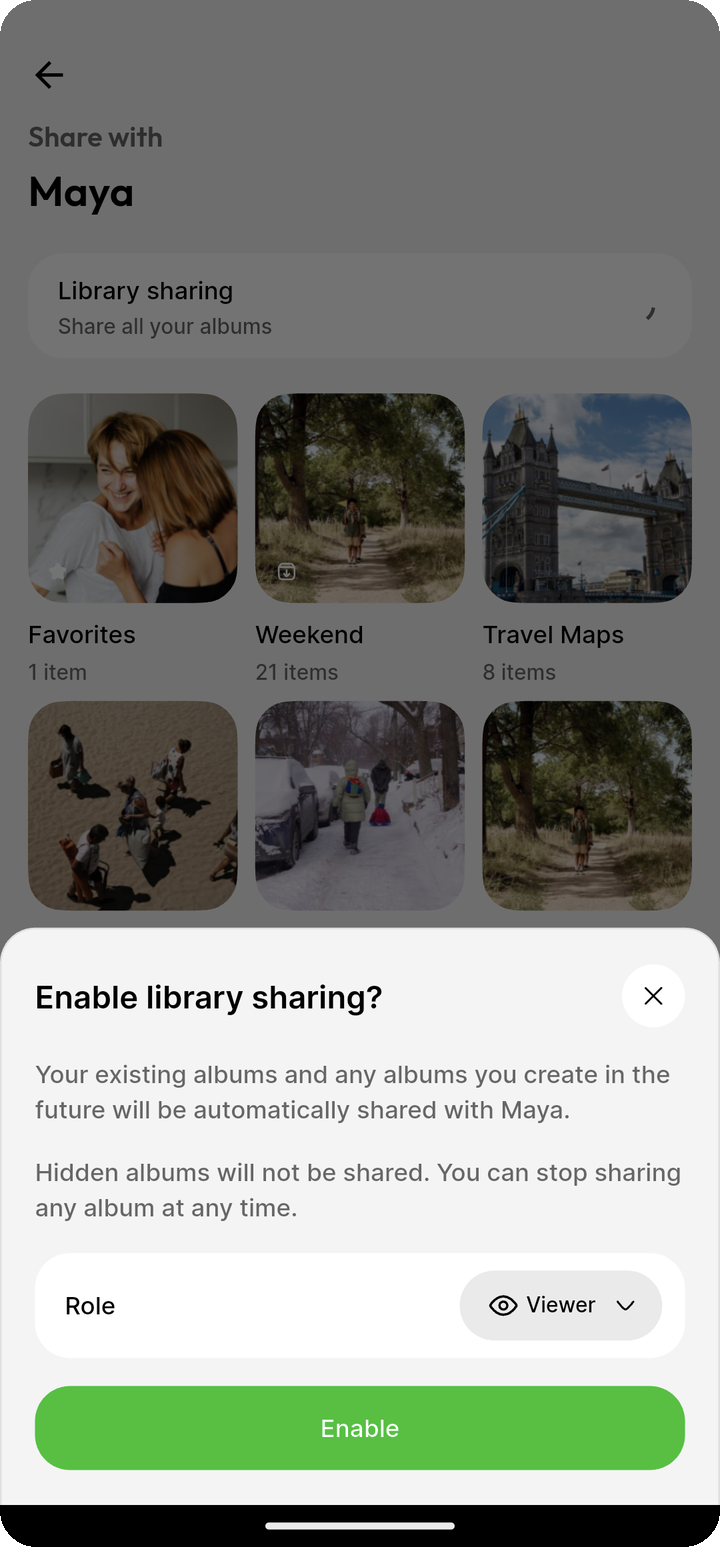 Enable library sharing dialog with Maya and default Viewer role on Ente Photos mobile