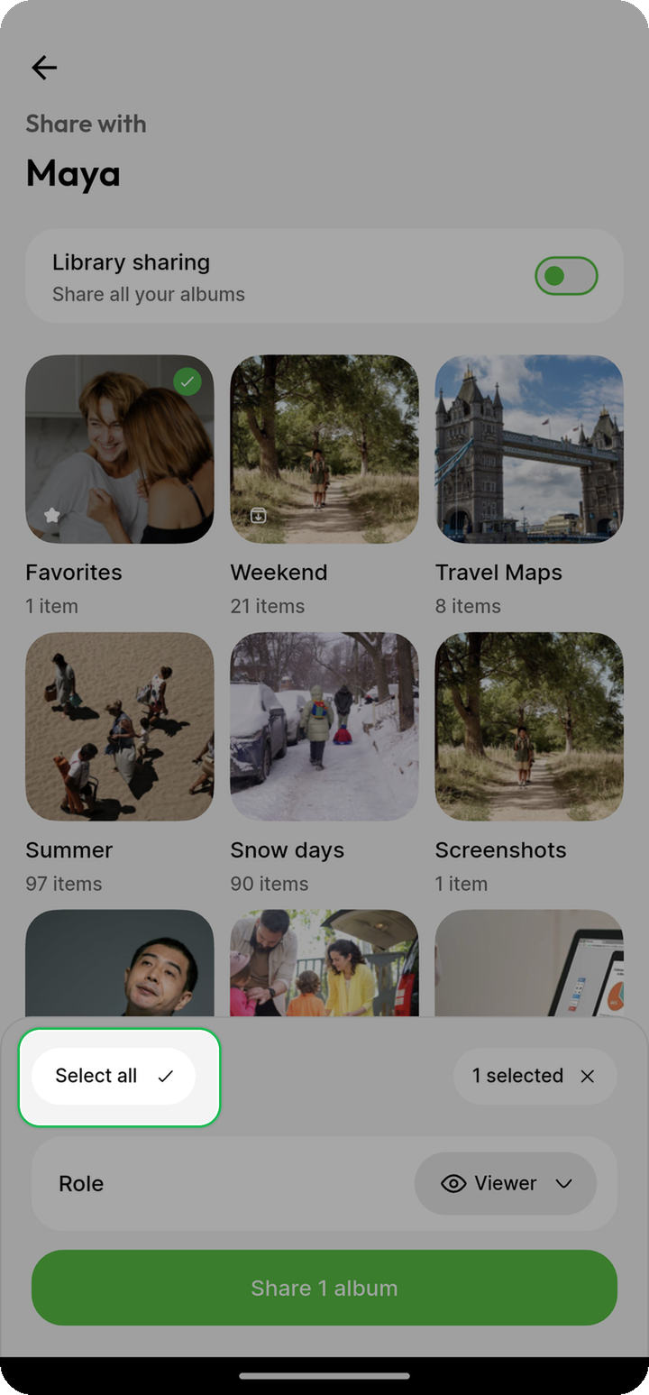 Select all highlighted with Role Viewer and Share while sharing albums with Maya on Ente Photos mobile