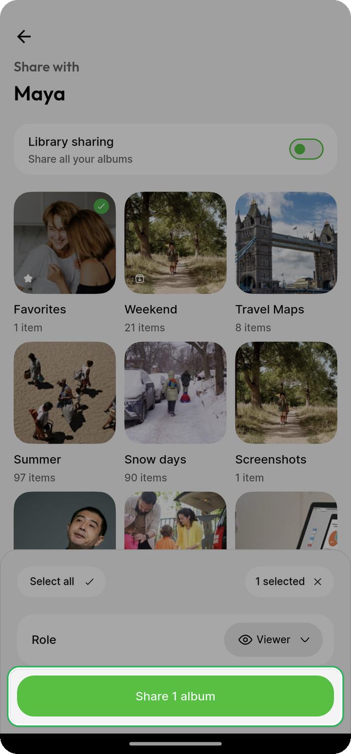 Share 1 album button highlighted while sharing albums with Maya on Ente Photos mobile