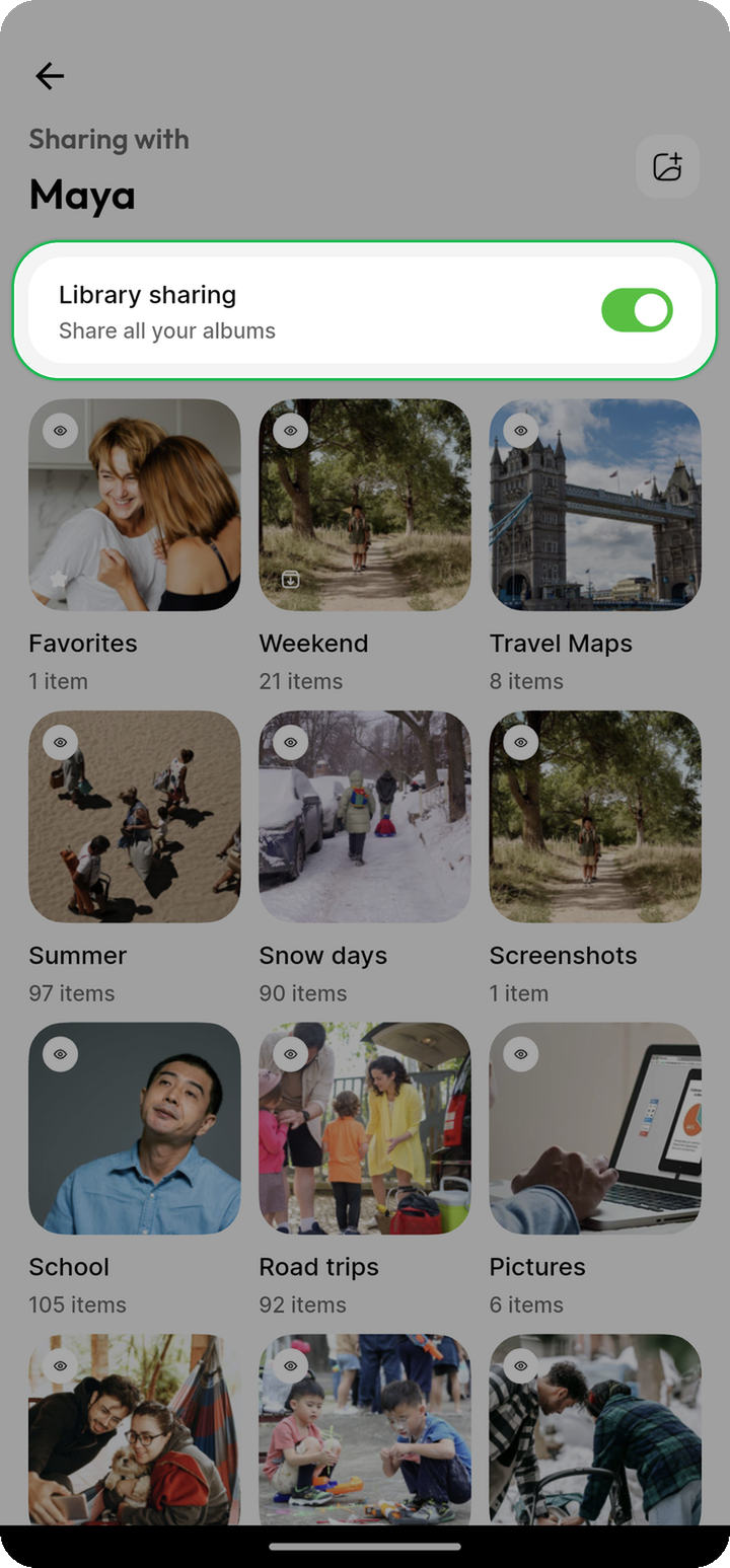 Library sharing toggle highlighted ON while sharing with Maya on Ente Photos mobile