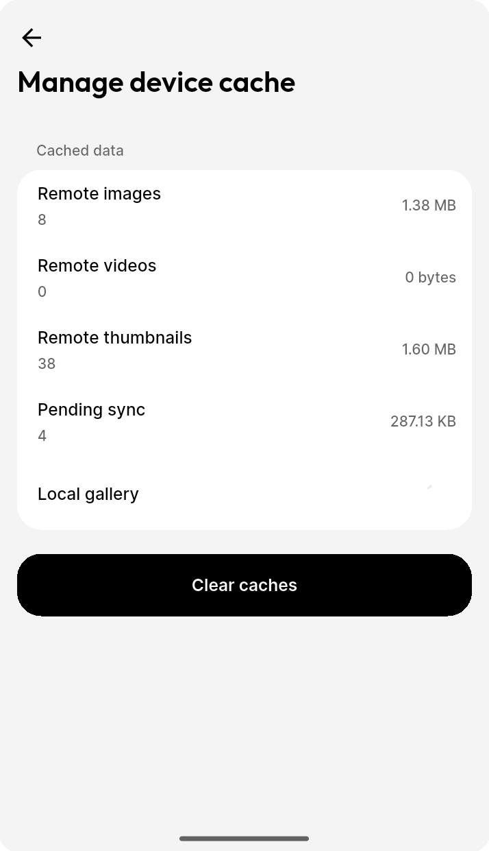 Manage device cache screen with Clear caches on Ente Photos mobile
