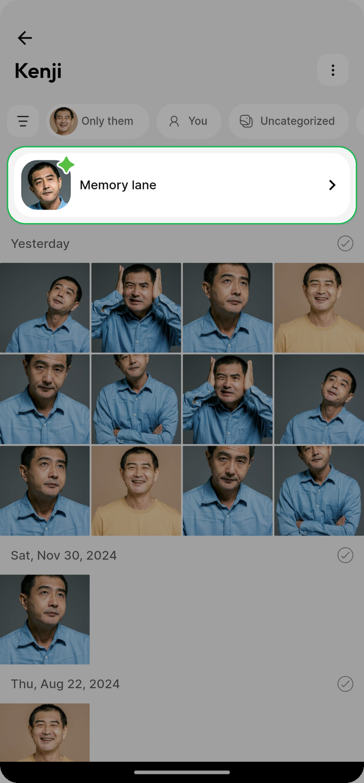 Memory lane banner highlighted on a person's page in Ente Photos mobile