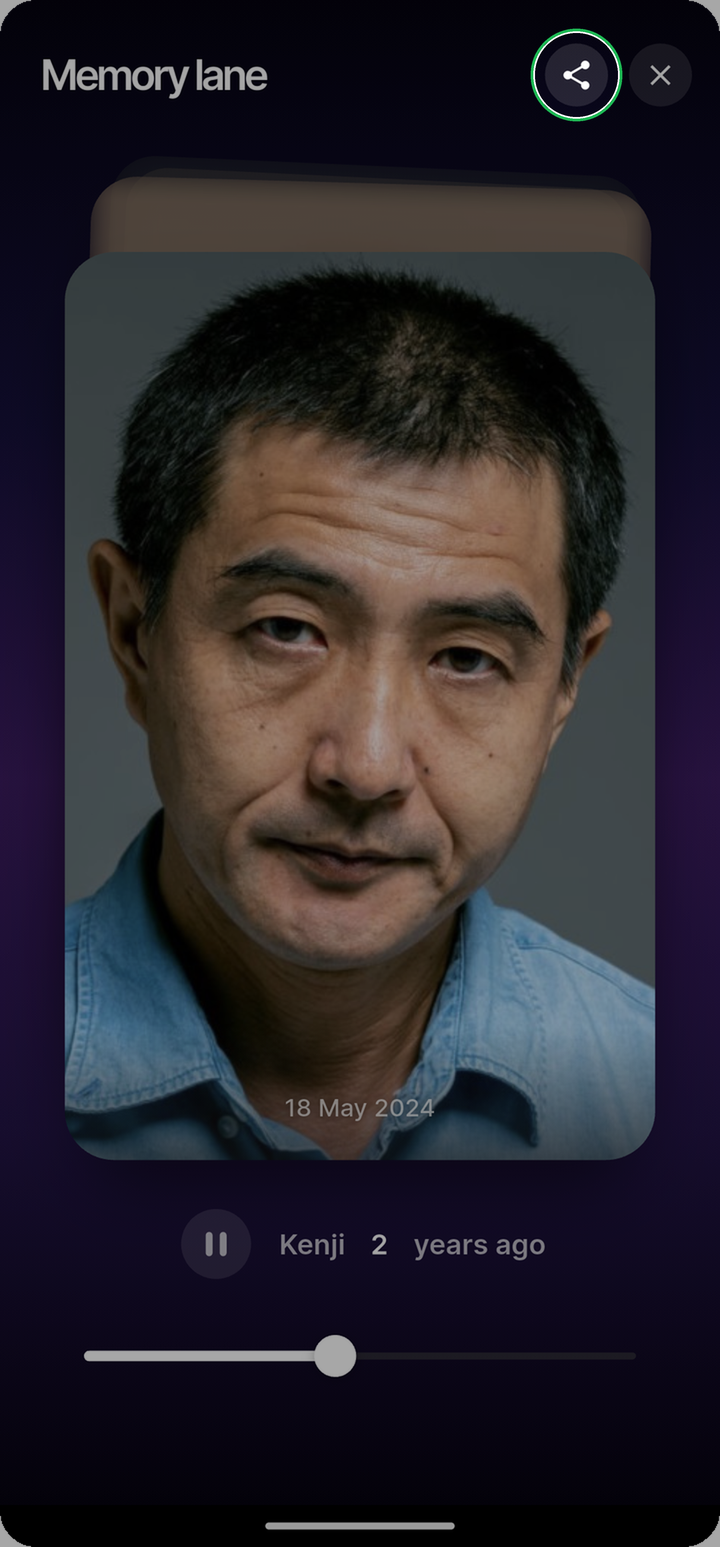 Memory lane timeline with share link control highlighted on Ente Photos mobile