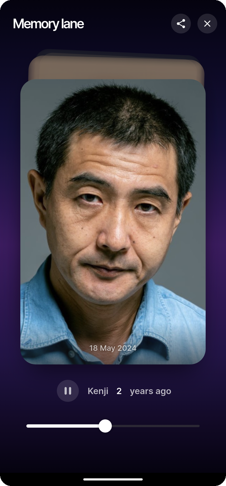 Memory lane timeline view for a person on Ente Photos mobile