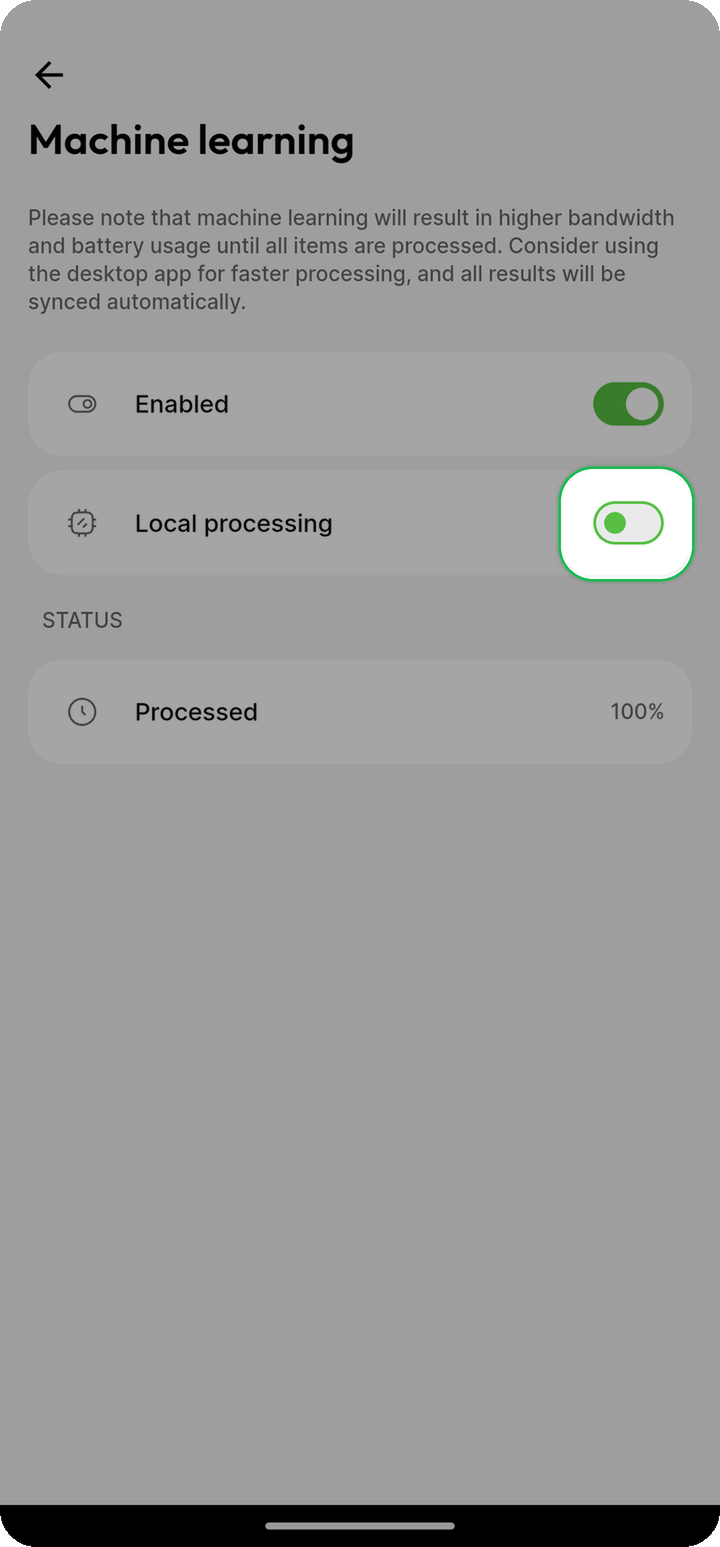 Local processing toggle turned off highlighted on Ente Photos mobile Machine learning settings