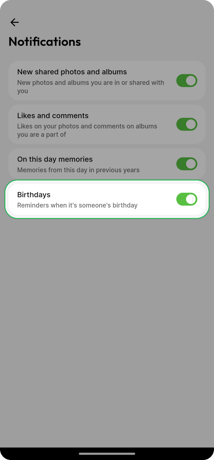 Birthdays notification category highlighted on Ente Photos mobile Notifications settings