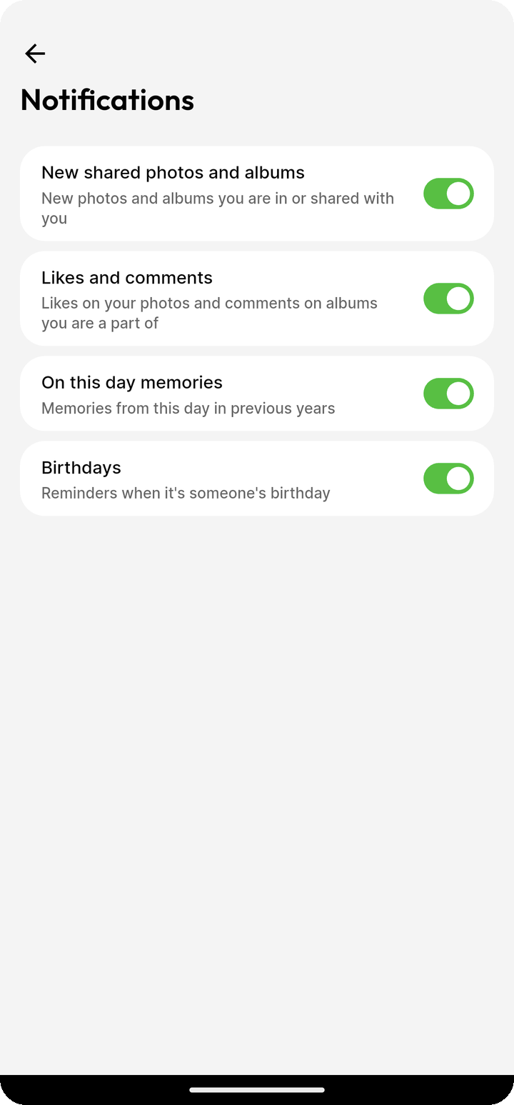 Notification categories with toggles for shared photos likes memories and birthdays on Ente Photos mobile
