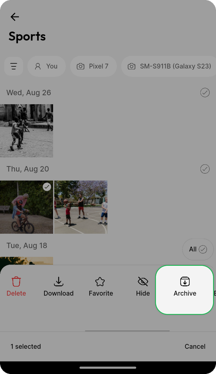 Archive action highlighted in the bottom bar on Ente Photos mobile