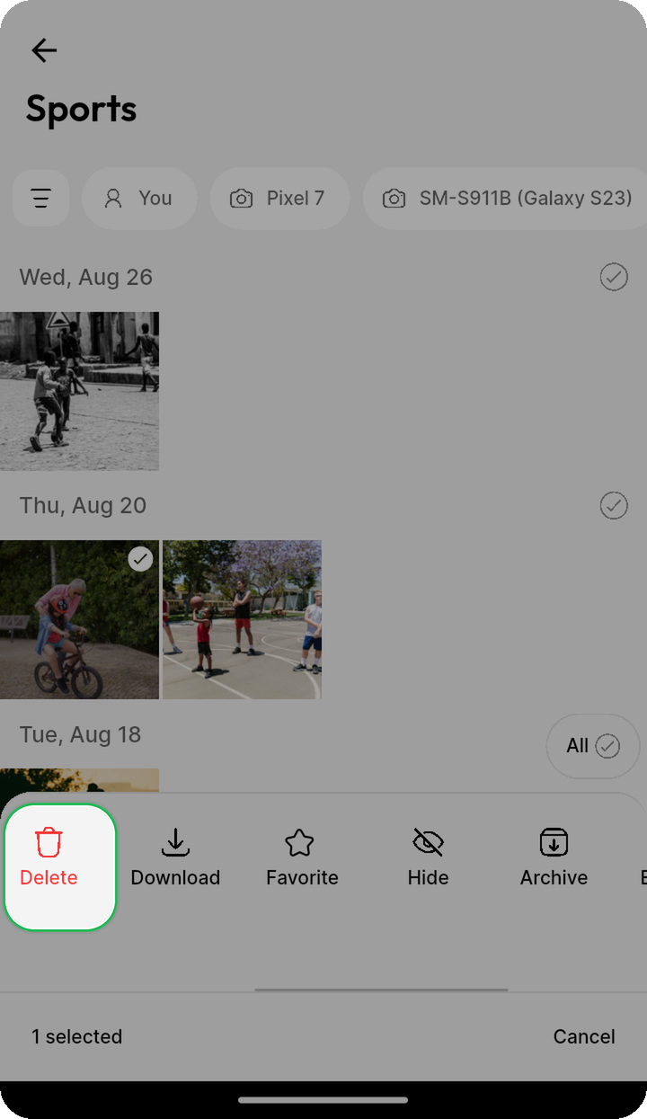 Delete action highlighted in the bottom bar on Ente Photos mobile