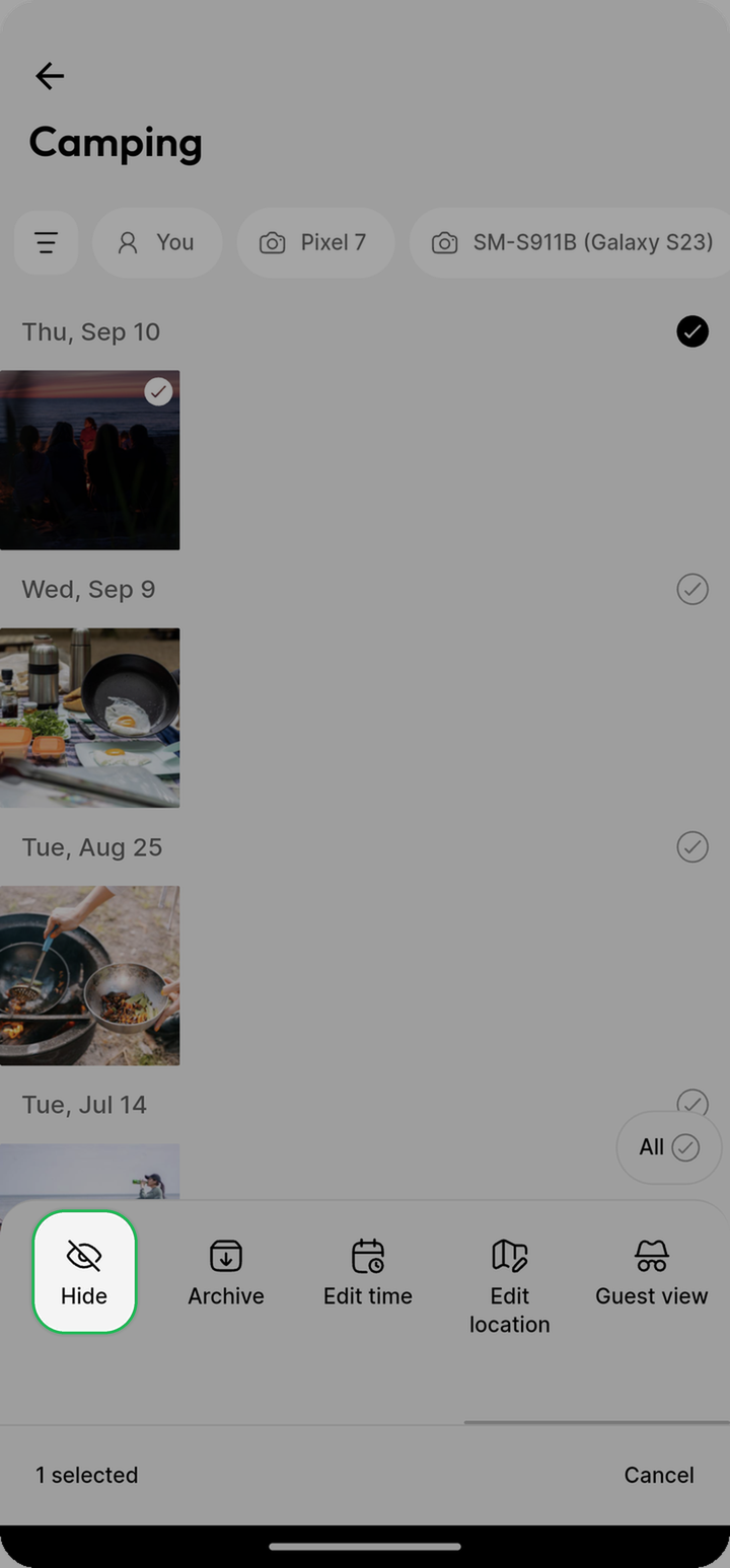 Hide action highlighted in the bottom bar on Ente Photos mobile