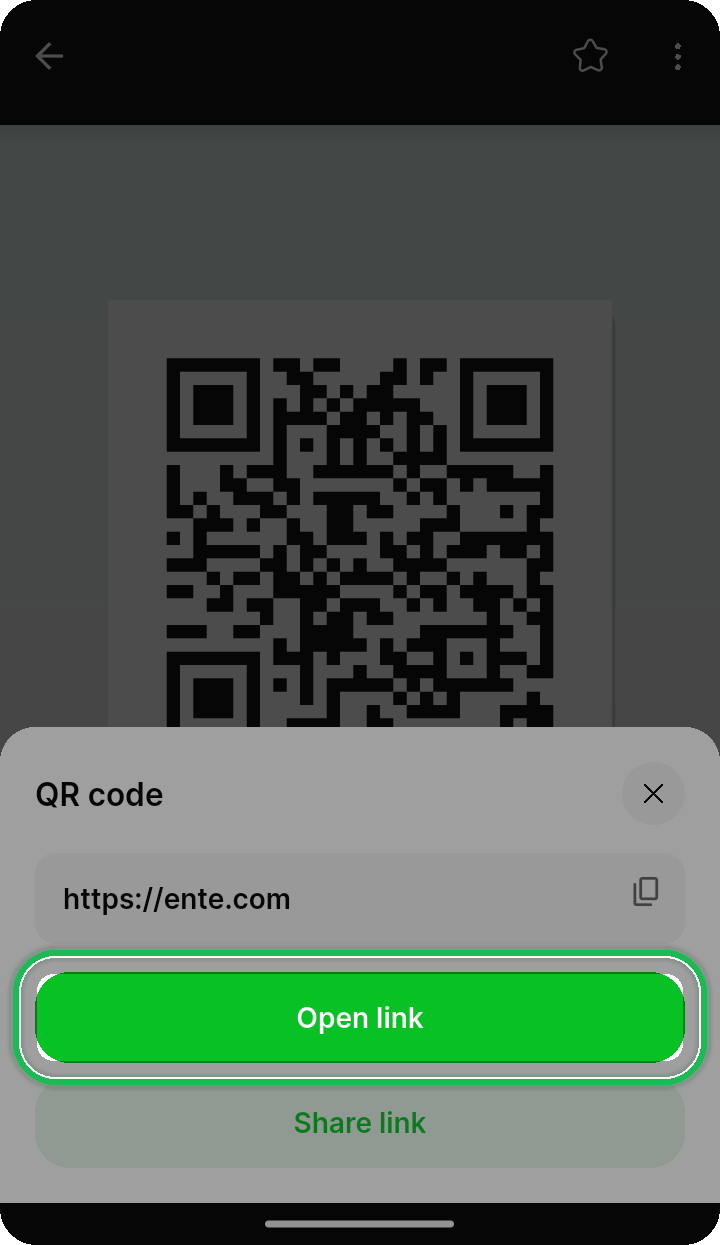 QR code action sheet highlighting Open link on Ente Photos mobile