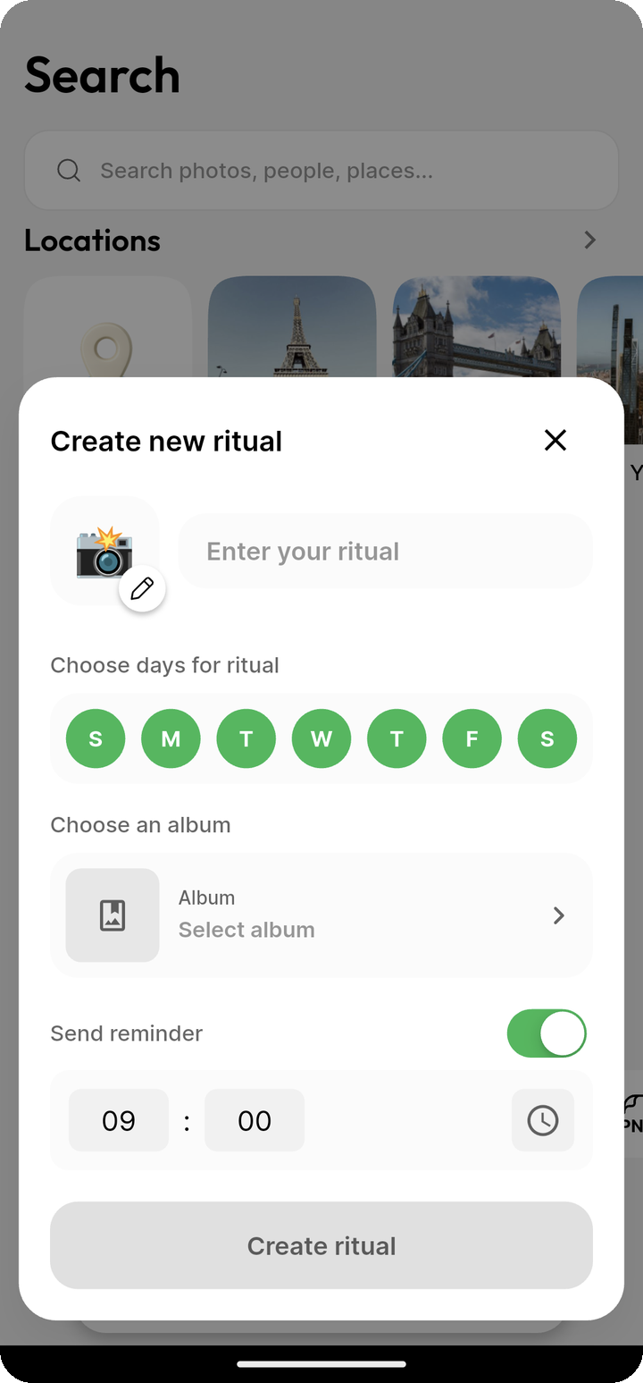 Create new ritual sheet with days album and reminder controls on Ente Photos mobile