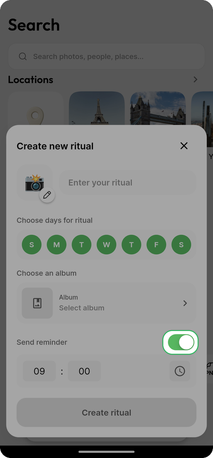 Send reminder toggle and time on Create new ritual sheet on Ente Photos mobile