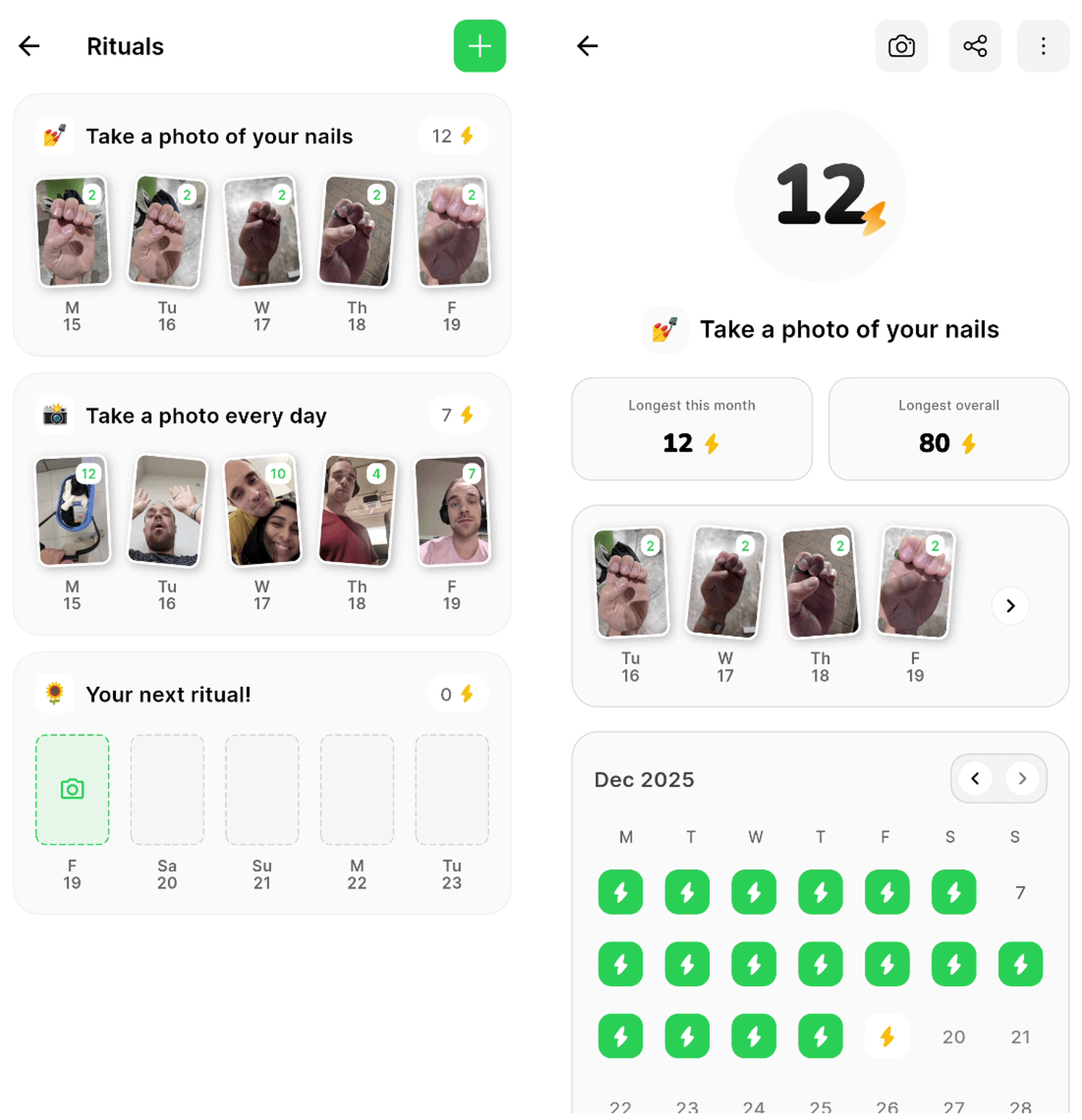 Rituals list and ritual detail side by side on Ente Photos mobile showing streaks recent days and month calendar