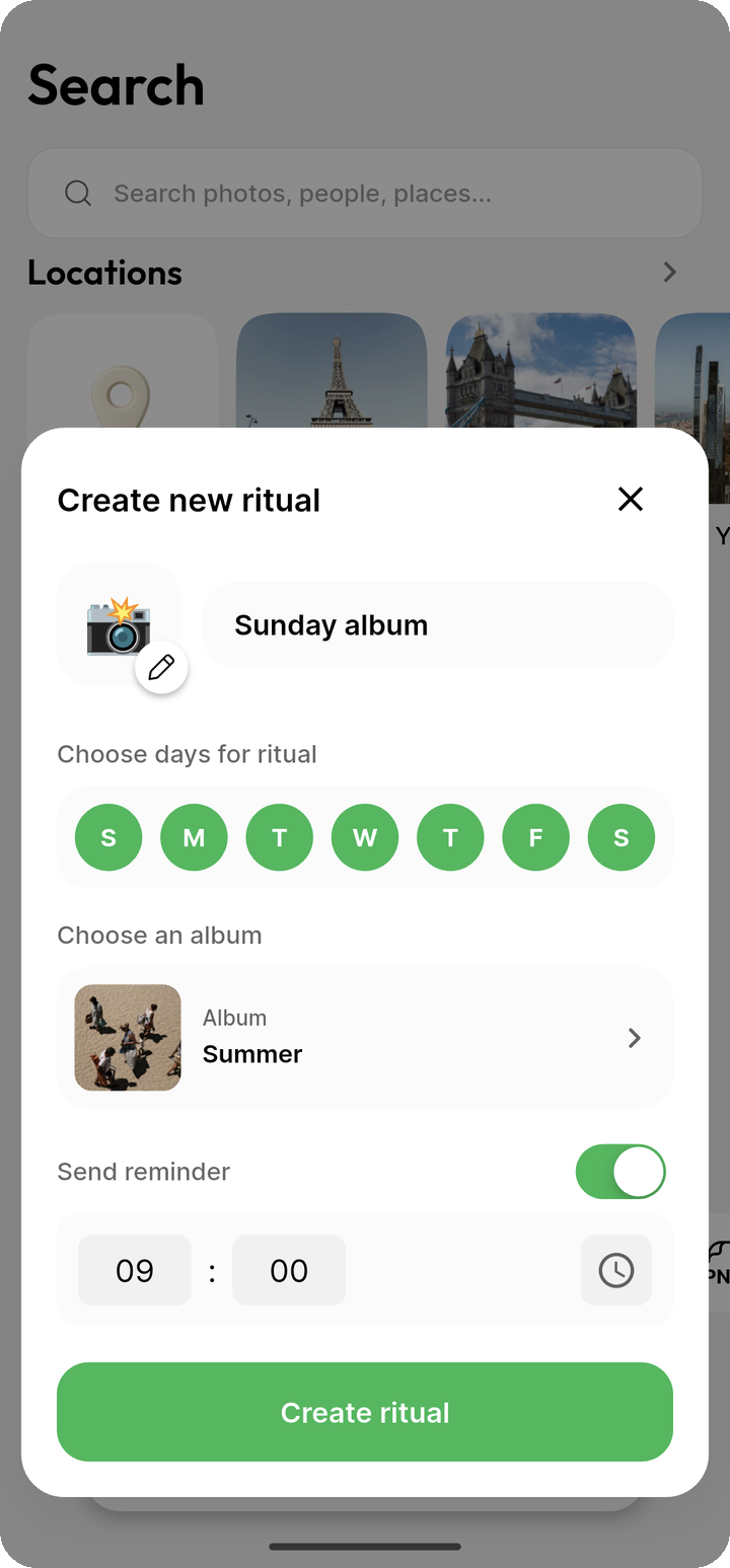 Create new ritual sheet on Ente Photos mobile with days album and reminder