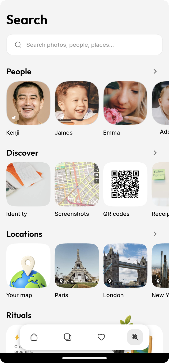 People search on Ente Photos mobile with Emma, Kenji, and James real face thumbnails
