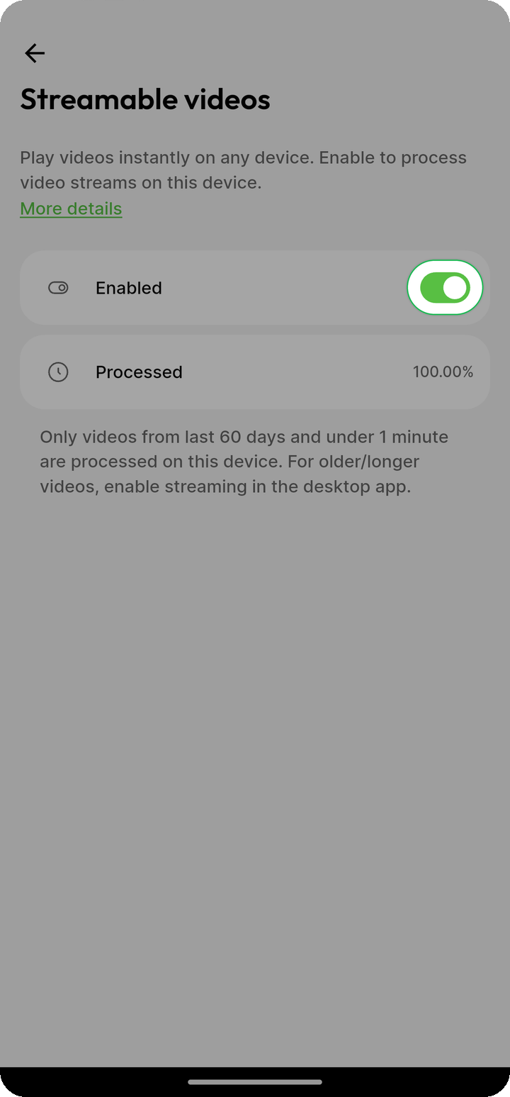 Streamable videos Enabled toggle highlighted in Ente Photos mobile Settings