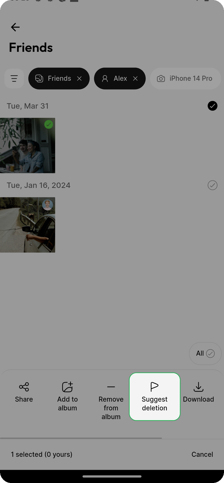 Suggest deletion action highlighted in the selection toolbar on Ente Photos mobile, Friends album filtered to Alex with one collaborator photo selected