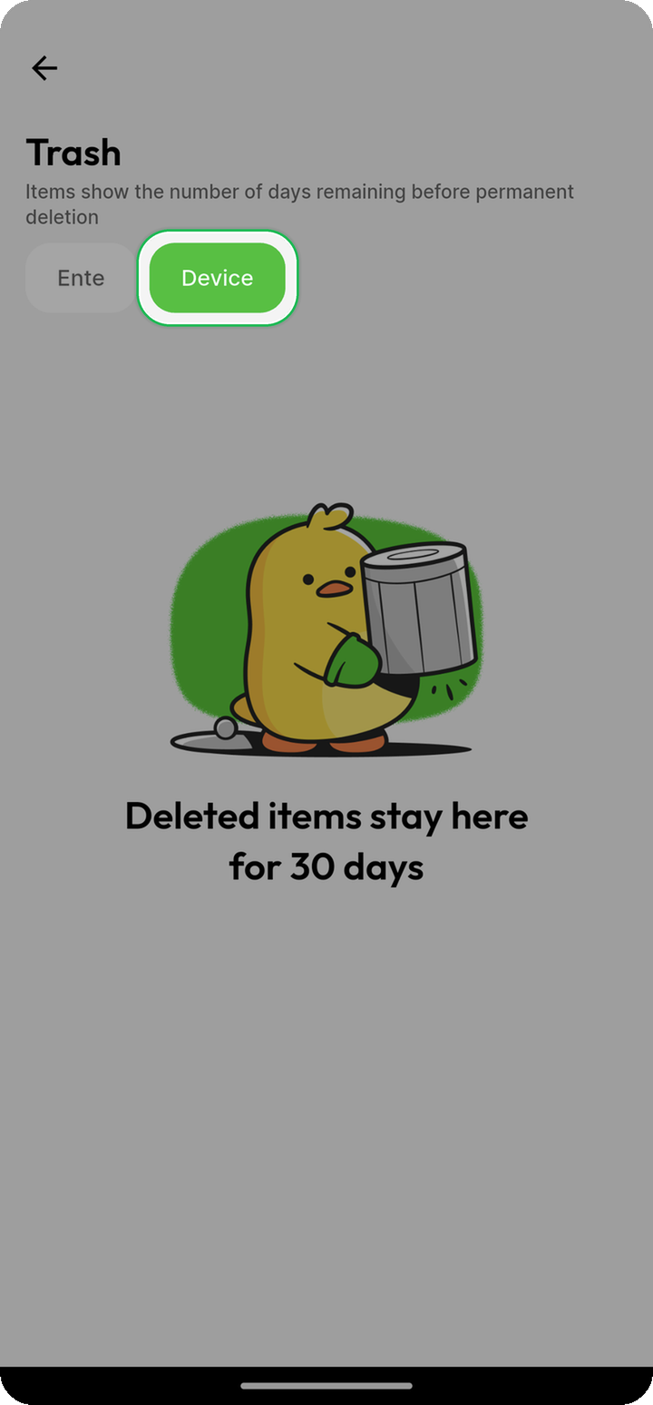 Device tab highlighted next to Ente tab in Trash on Ente Photos mobile