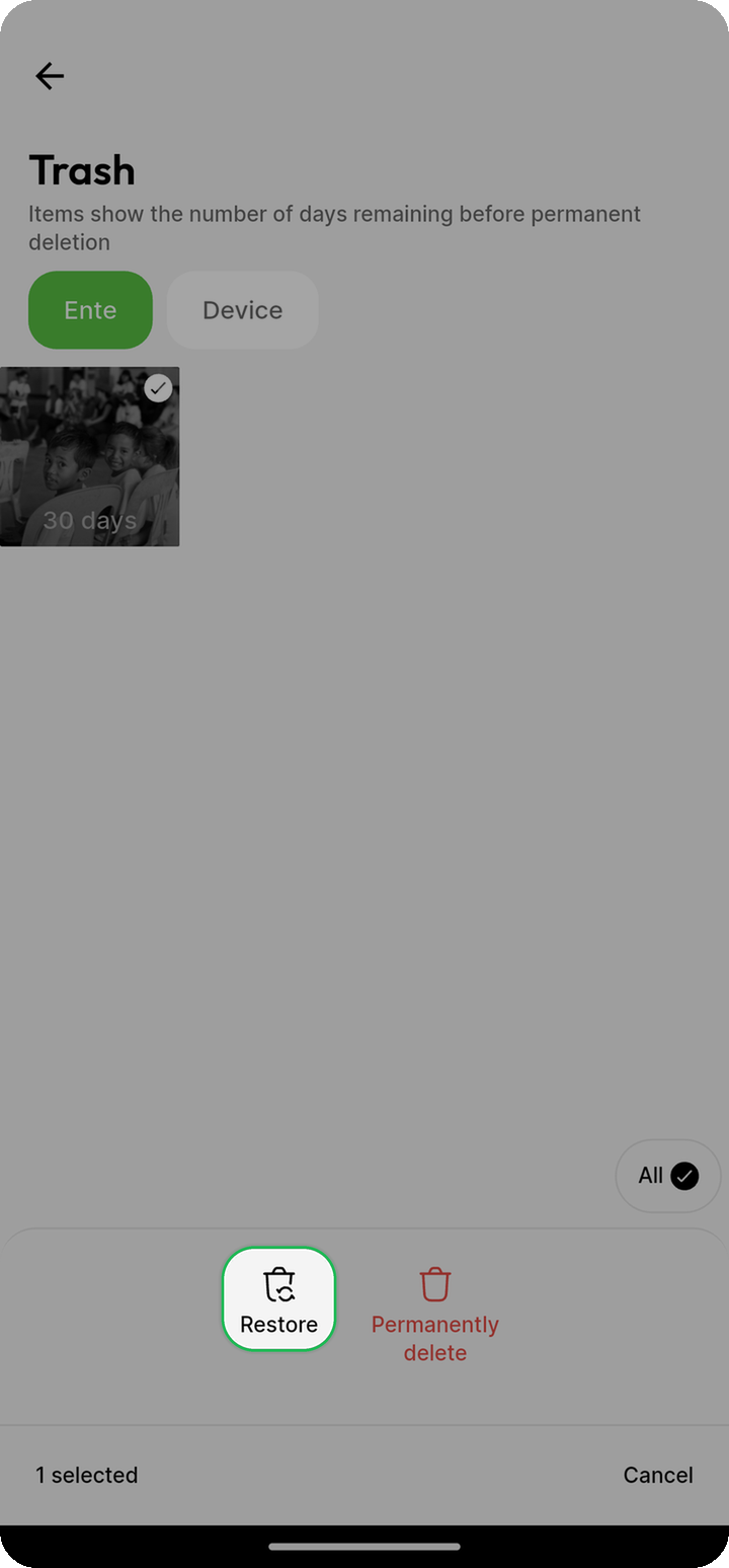 Restore action highlighted for a selected item in Trash on Ente Photos mobile