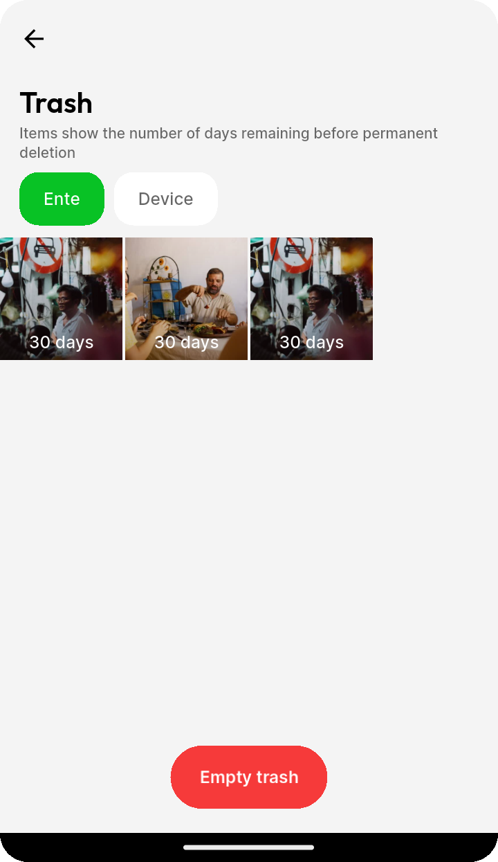 Trash view showing deleted photos on Ente Photos mobile