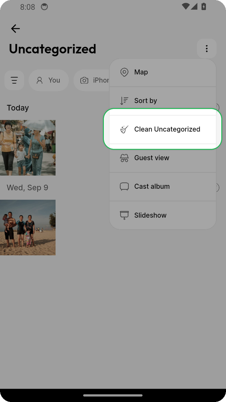Clean Uncategorized option highlighted in the overflow menu on Ente Photos mobile