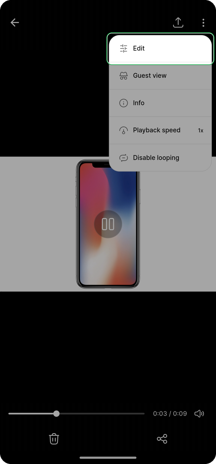 Overflow menu with Edit highlighted on a video in Ente Photos mobile