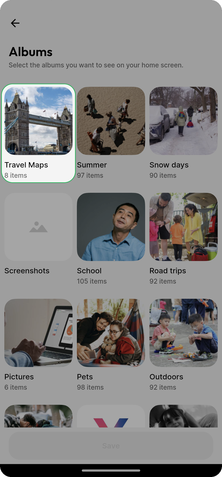 Select albums for the home screen Albums widget on Ente Photos mobile with Travel Maps highlighted