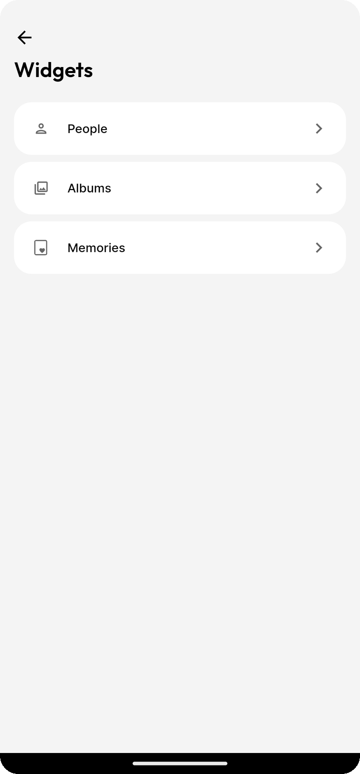 Widgets settings hub with People Albums and Memories on Ente Photos mobile