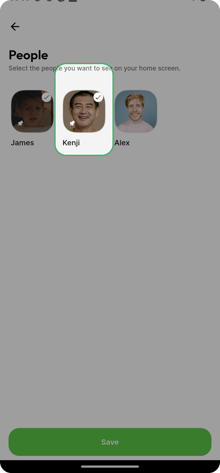 Select people for the home screen People widget on Ente Photos mobile with Kenji highlighted