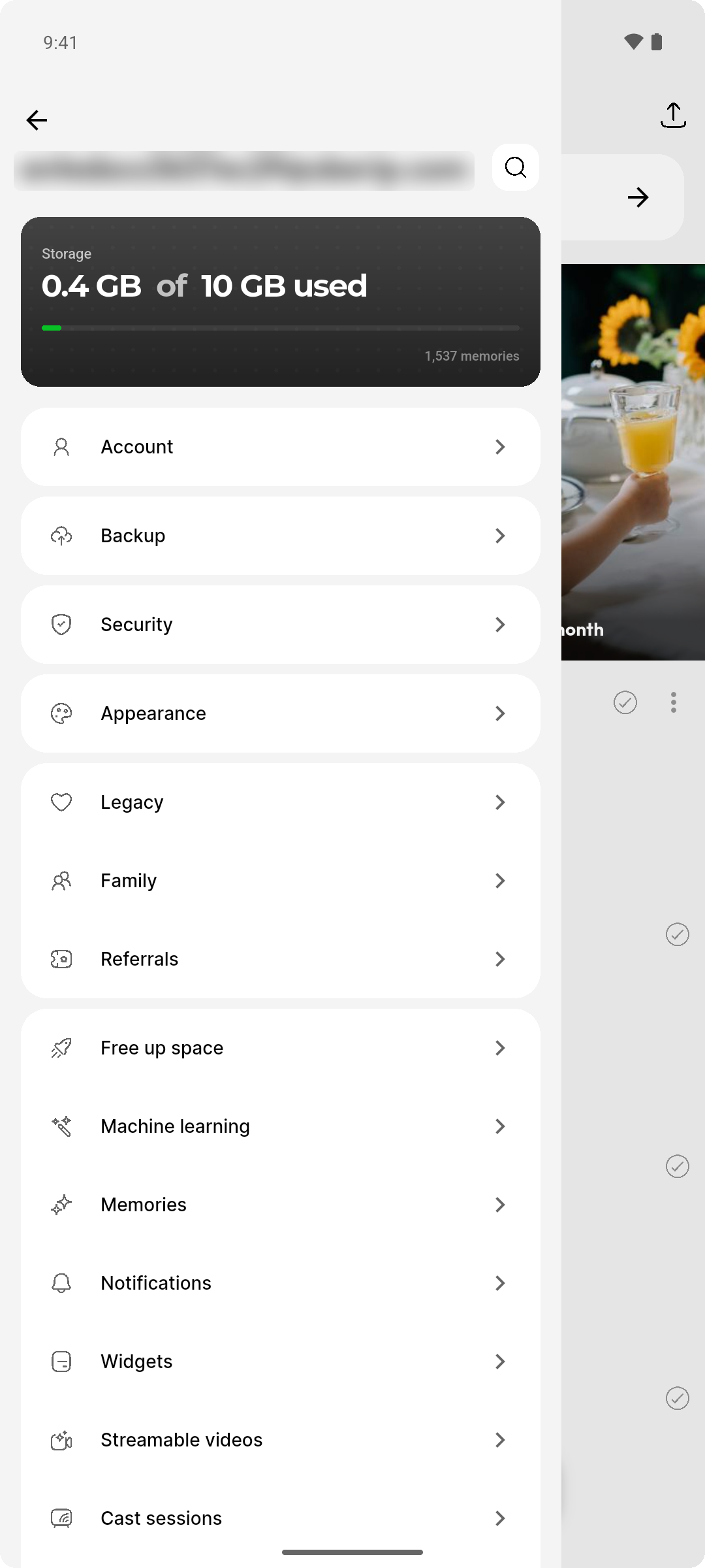Settings drawer with account email frosted