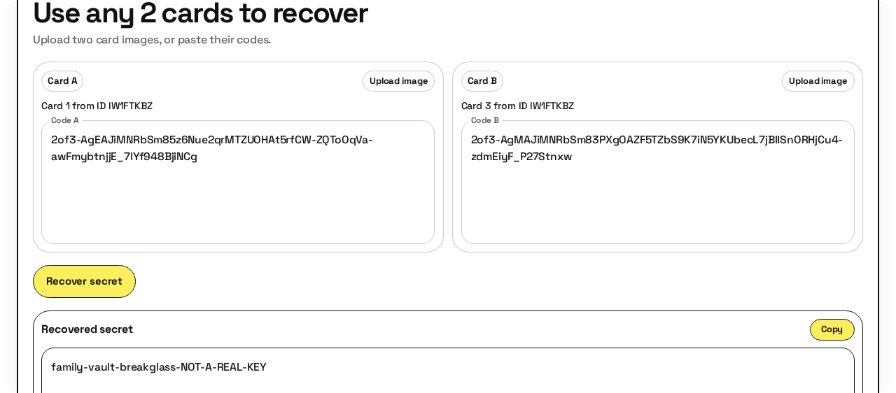 Recovered secret end-state on 2of3 web after combining two cards from the same set