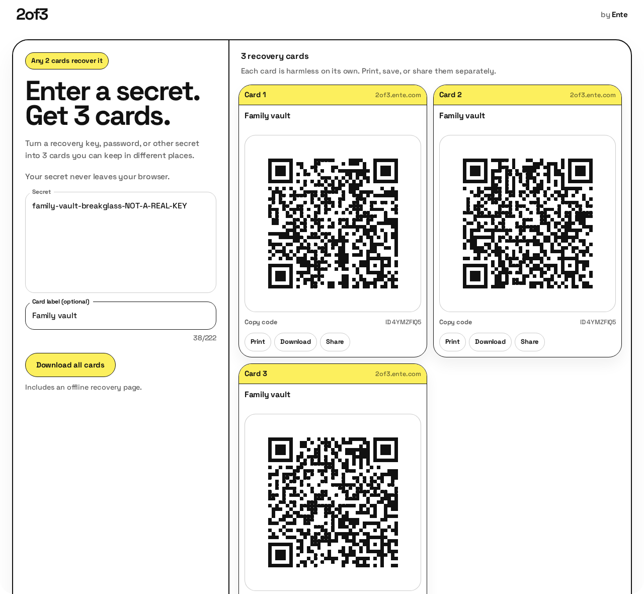 Secret split into three Family vault recovery cards with QR codes on 2of3 web