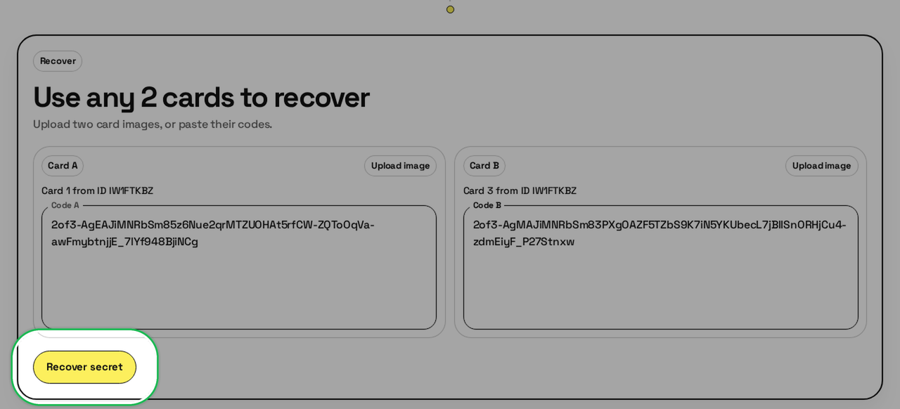 Recover section on 2of3 web with two card codes filled and Recover secret highlighted