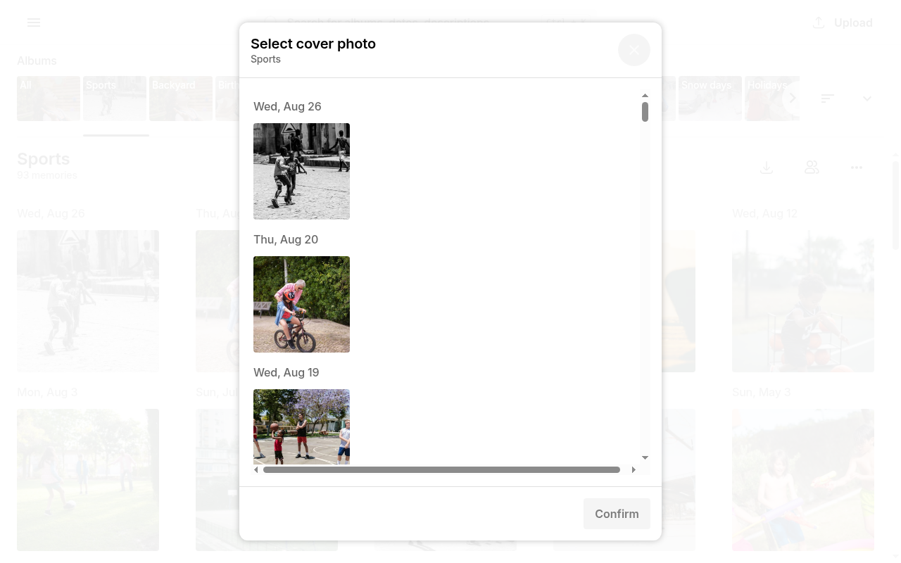 Select album cover photo dialog on Ente Photos web