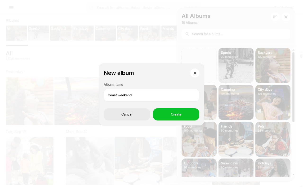 New album dialog on Ente Photos web with album name field and Create button