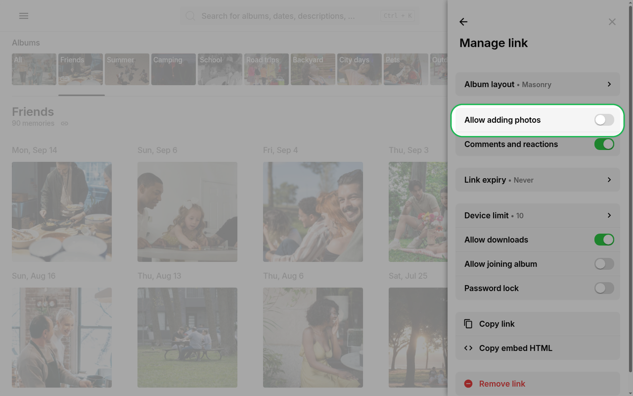 Allow adding photos toggle highlighted in Manage link on Ente Photos web