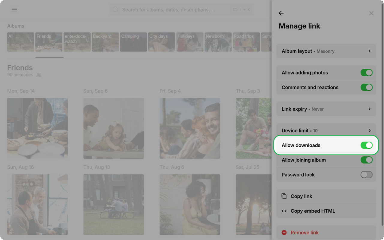 Allow downloads toggle highlighted in Manage link on Ente Photos web