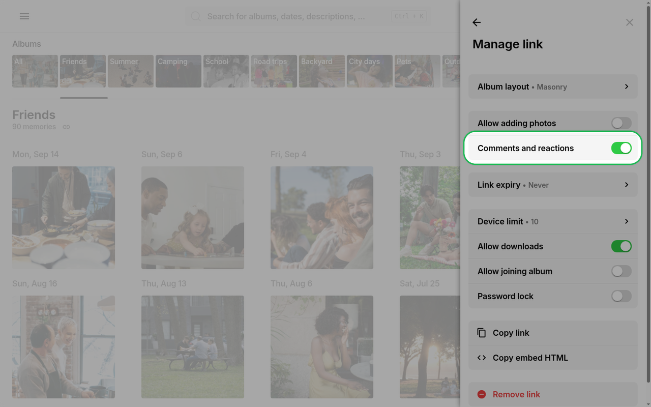 Comments and reactions toggle highlighted in Manage link on Ente Photos web