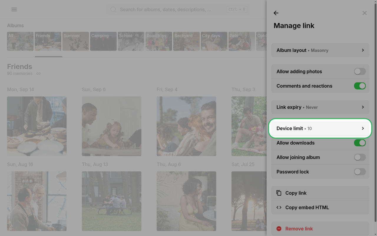 Device limit row highlighted in Manage link on Ente Photos web