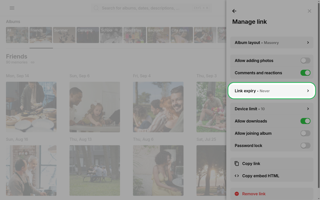 Link expiry row highlighted in Manage link on Ente Photos web