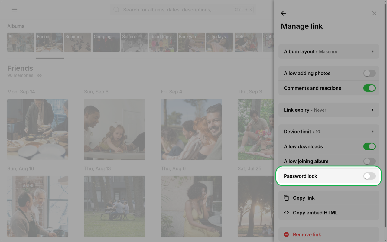 Password lock toggle highlighted in Manage link on Ente Photos web
