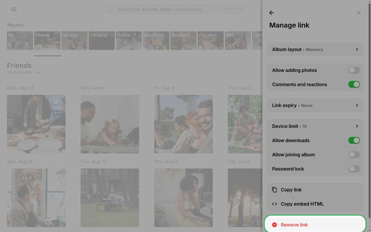 Remove link highlighted in Manage link on Ente Photos web