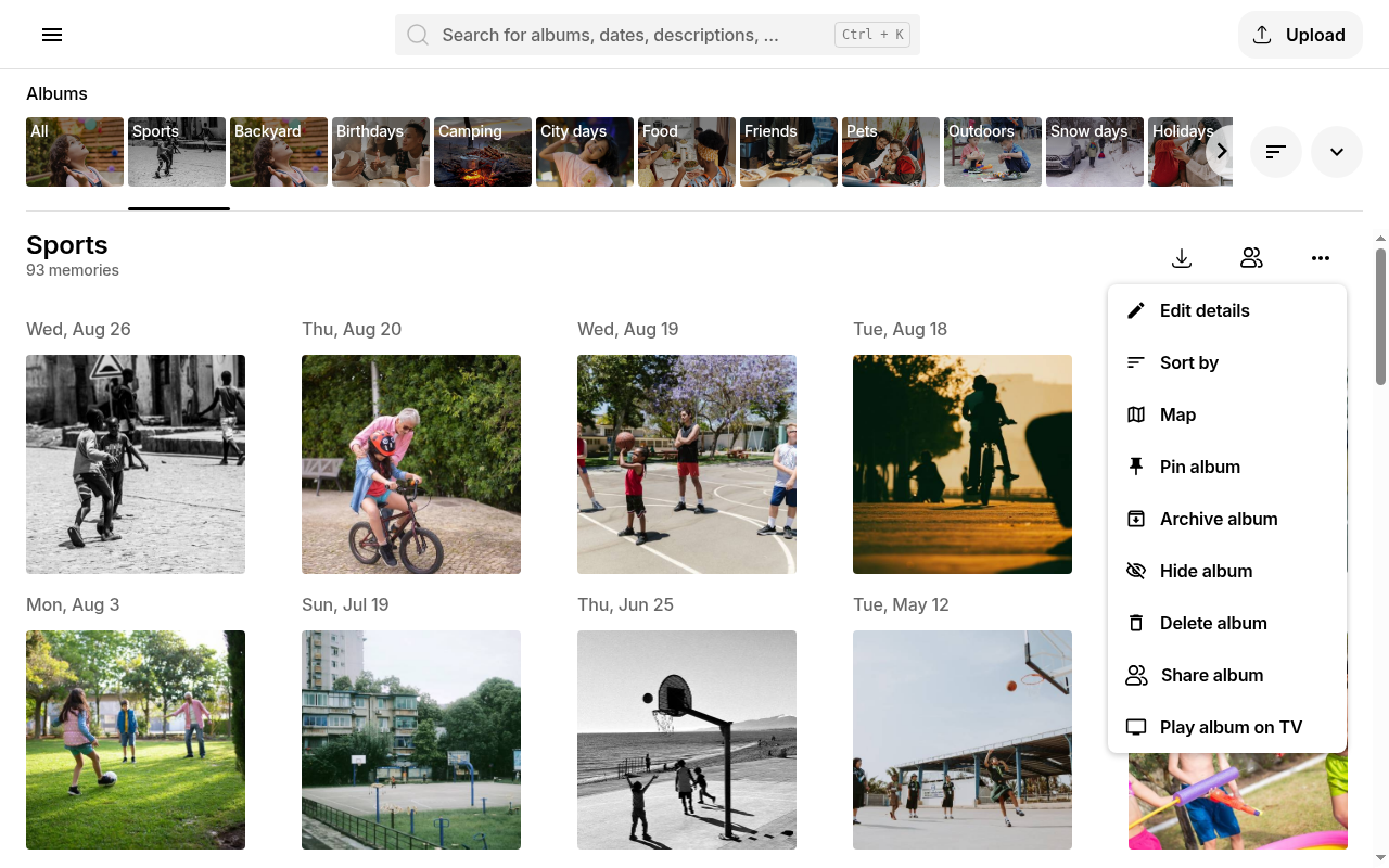 Album overflow menu on Ente Photos web showing edit details sort by pin archive and share