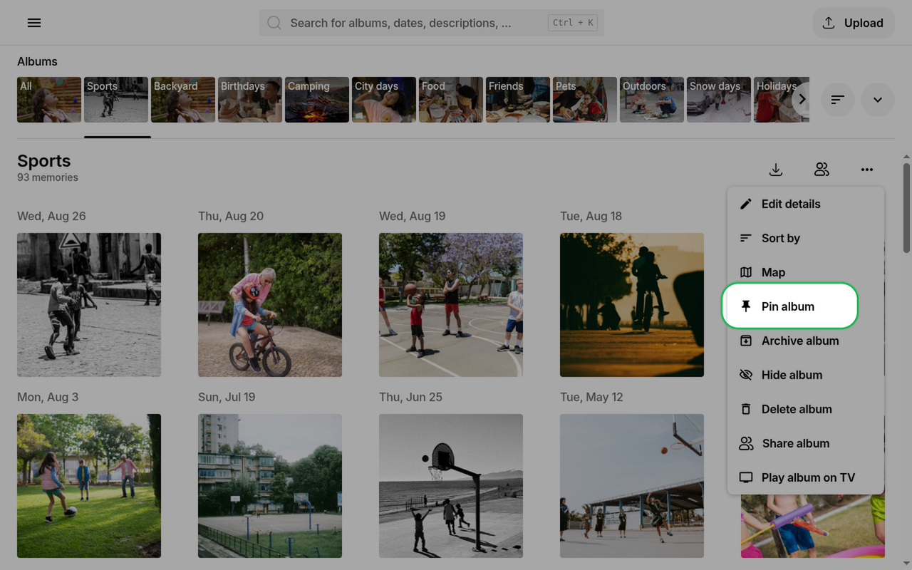 Pin album option highlighted in the Ente Photos web album overflow menu