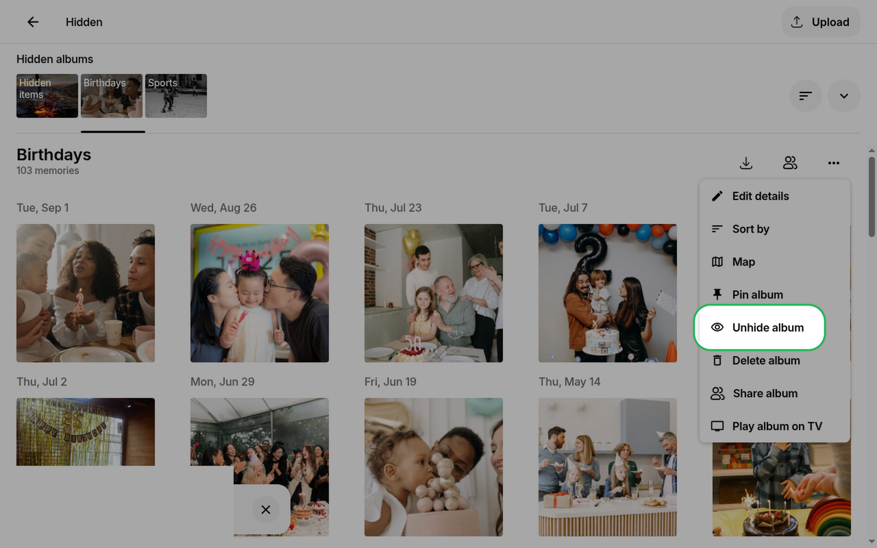 Unhide album option highlighted in the overflow menu on Ente Photos web