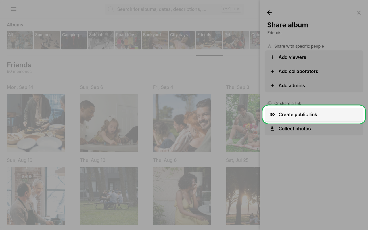 Create public link highlighted in the share panel on Ente Photos web