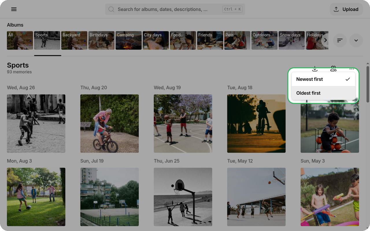 Sort album photos menu highlighted on Ente Photos web with newest first and oldest first