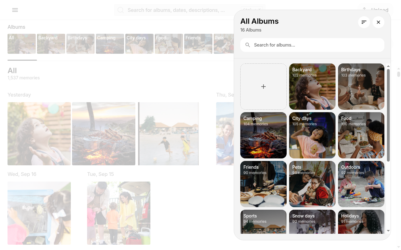 All Albums panel on Ente Photos web with search and filters for links shared received and empty